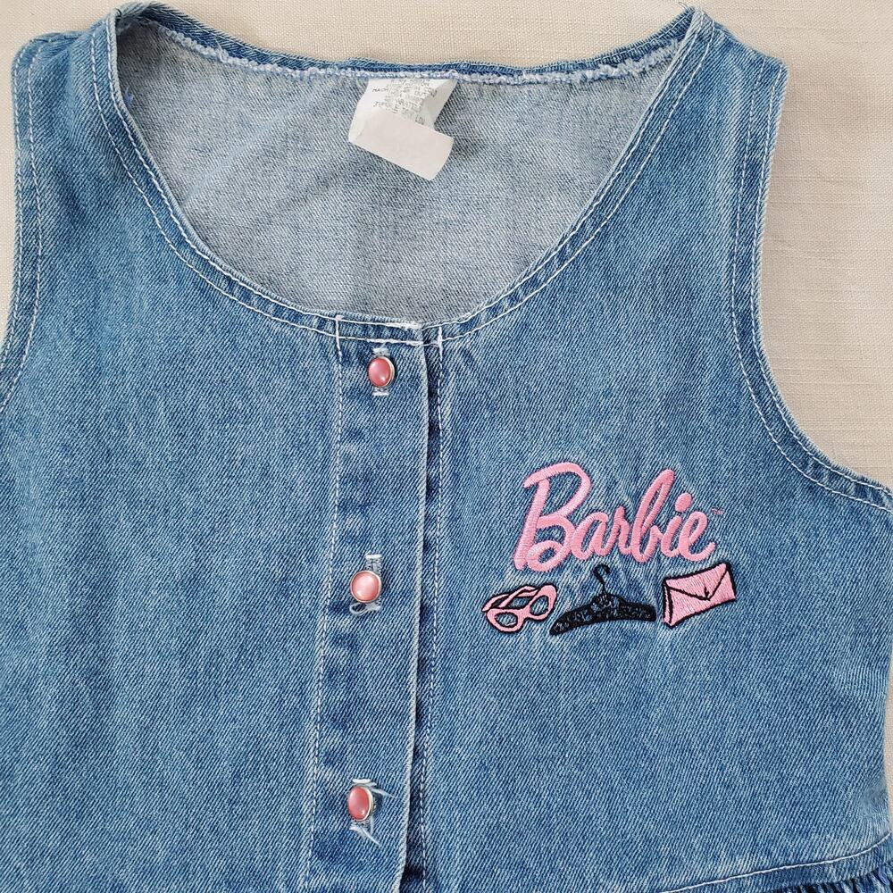 Vintage “Barbie” Denim Dress, Pearl Buttons, Embroidered, Girls Size 9/10